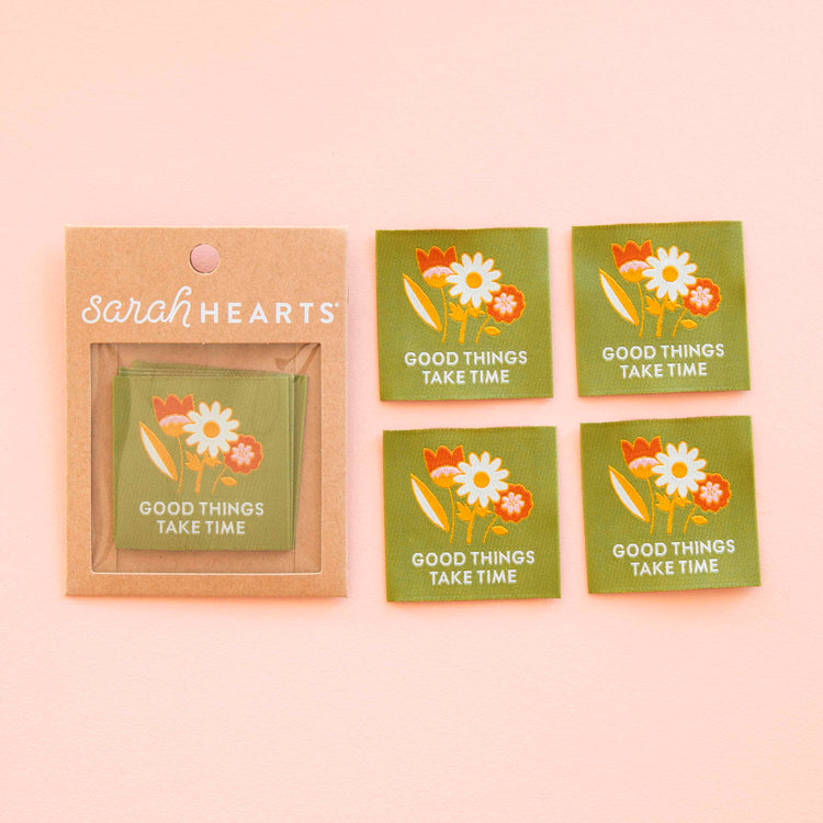 Sarah Hearts Sew In Labels - Good Things Take Time Green - 4 Pack