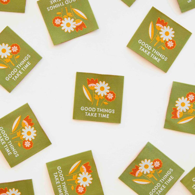 Sarah Hearts Sew In Labels - Good Things Take Time Green - 4 Pack