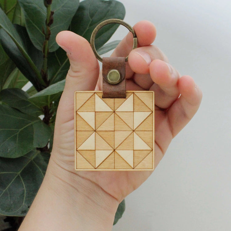 Oh Little Wren Wooden Keyring - Quilt Block