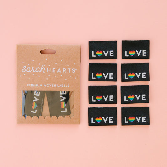 Sarah Hearts Sew In Labels - Love Rainbow Pride Heart - 8 Pack