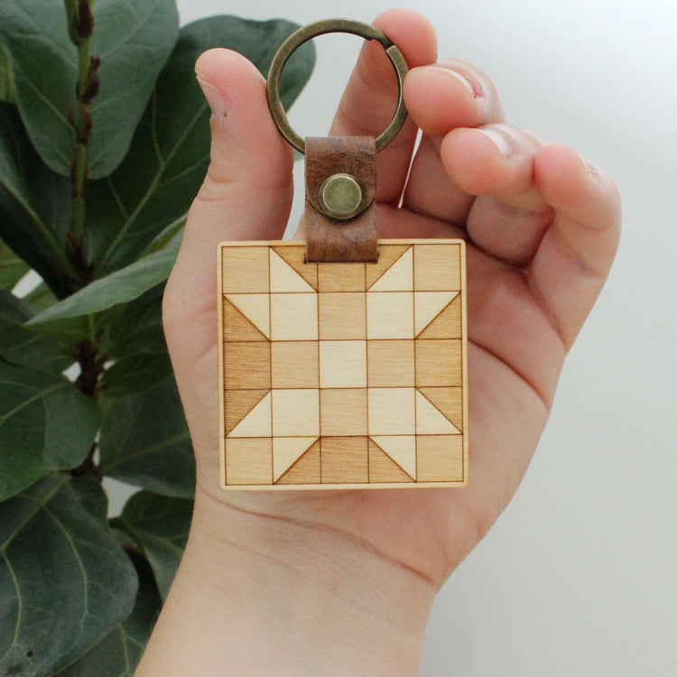 Oh Little Wren Wooden Keyring - Quilt Block