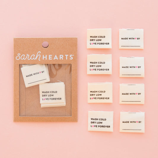 Sarah Hearts Sew In Labels - Wash Cold, Dry Low, Love Forever - 8 Pack
