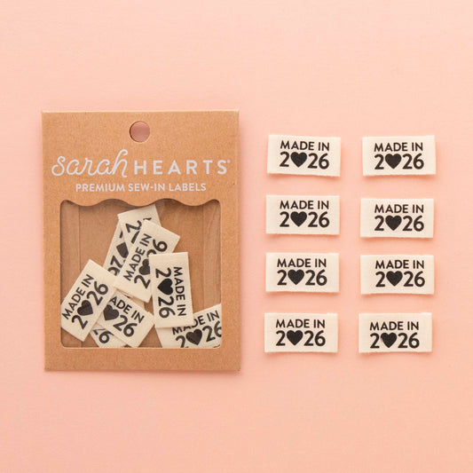 Sarah Hearts Sew In Labels - Made in 2026 End Fold - 8 Pack