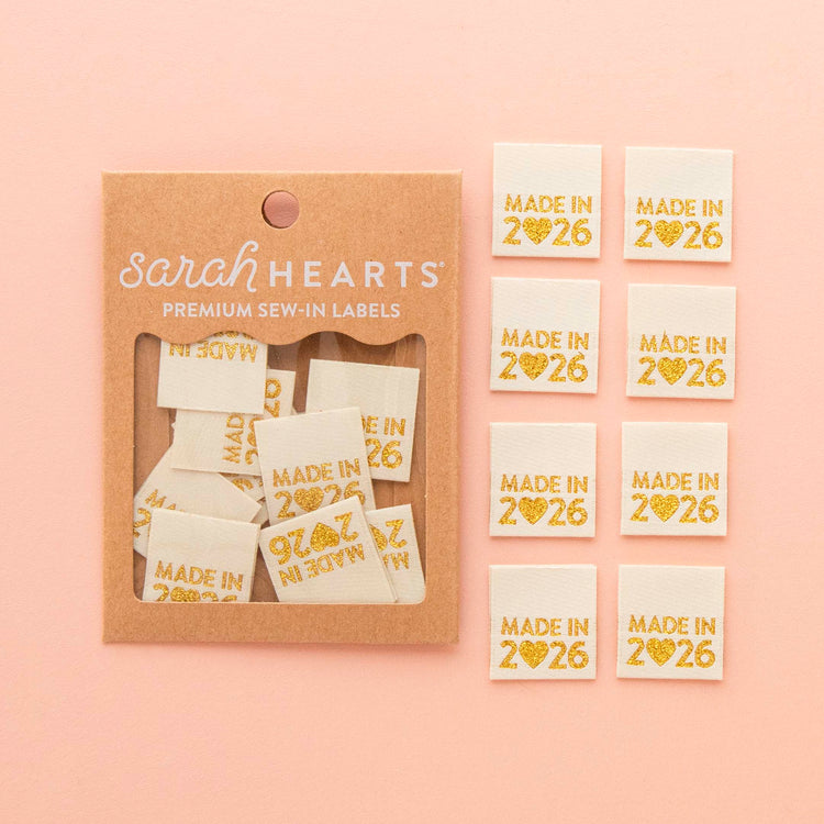 Sarah Hearts Sew In Labels - Made in 2026 Metallic Gold - 8 Pack