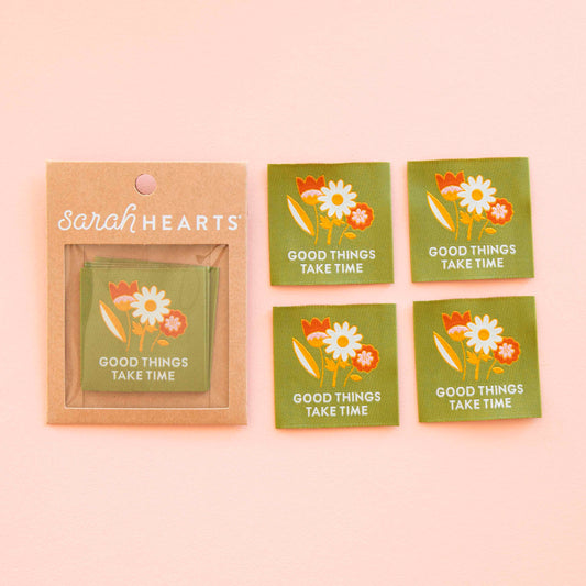 Sarah Hearts Sew In Labels - Good Things Take Time Green - 4 Pack