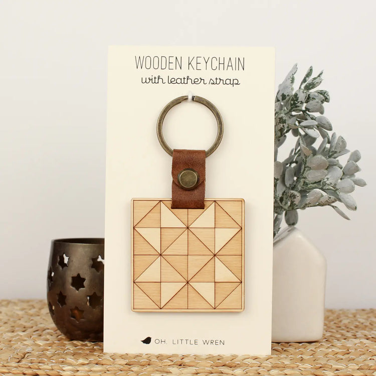 Oh Little Wren Wooden Keyring - Quilt Block