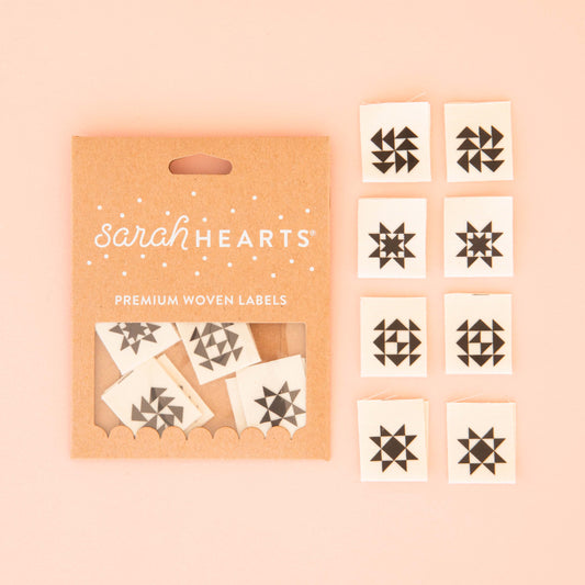 Sarah Hearts Sew In Labels - Black Quilt Block - 8 Pack